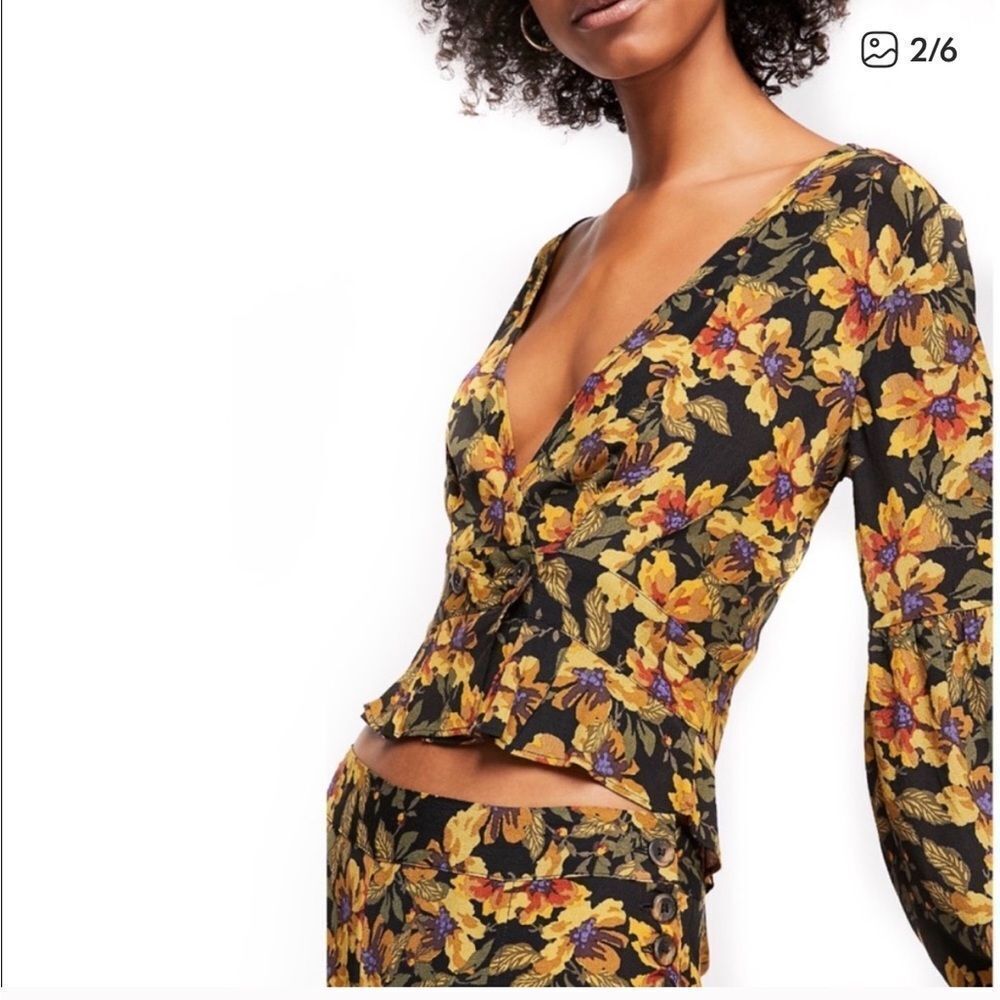 Free People V-neck floral print long sleeve cropped top black & yellow colorway
